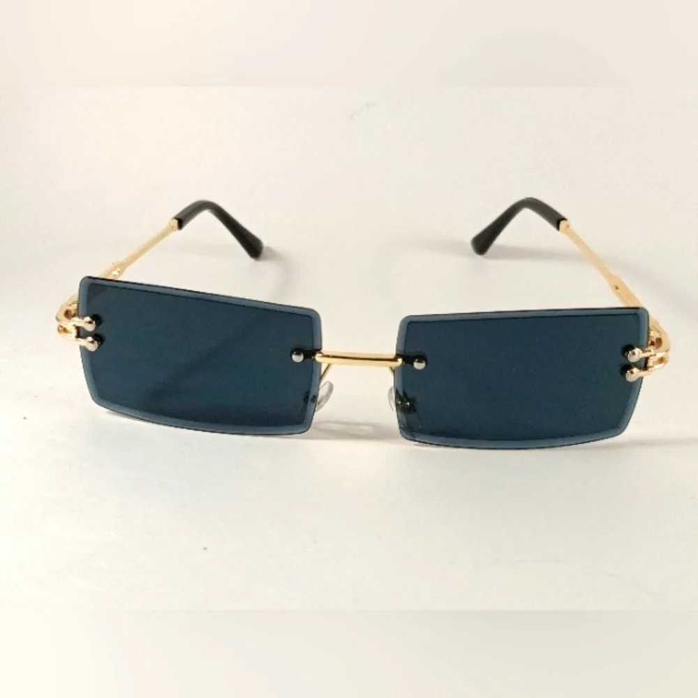 Rimless Rectangular Sunglasses Black Unisex Metal Frame